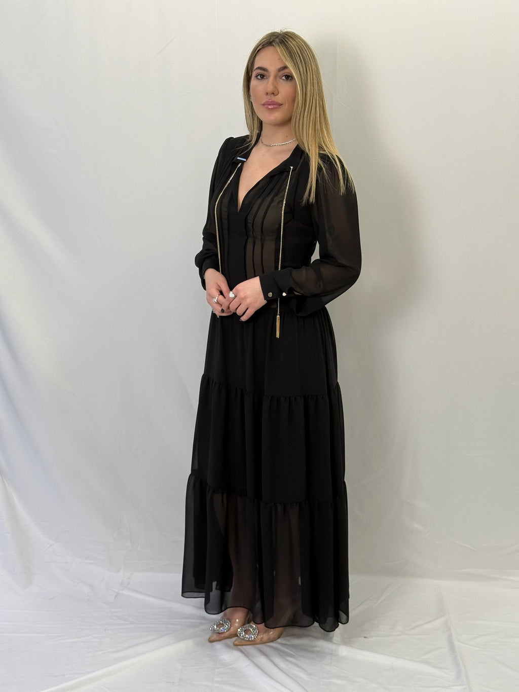 Maxi Abito in Crepe Georgette Nero - Rinascimento