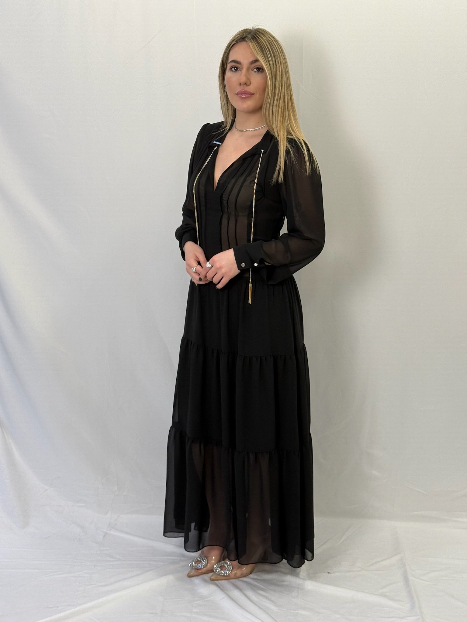 Maxi Abito in Crepe Georgette Nero - Rinascimento