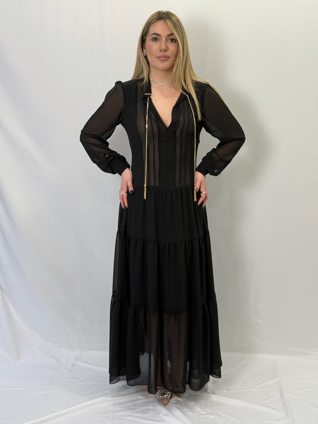 Maxi Abito in Crepe Georgette Nero - Rinascimento