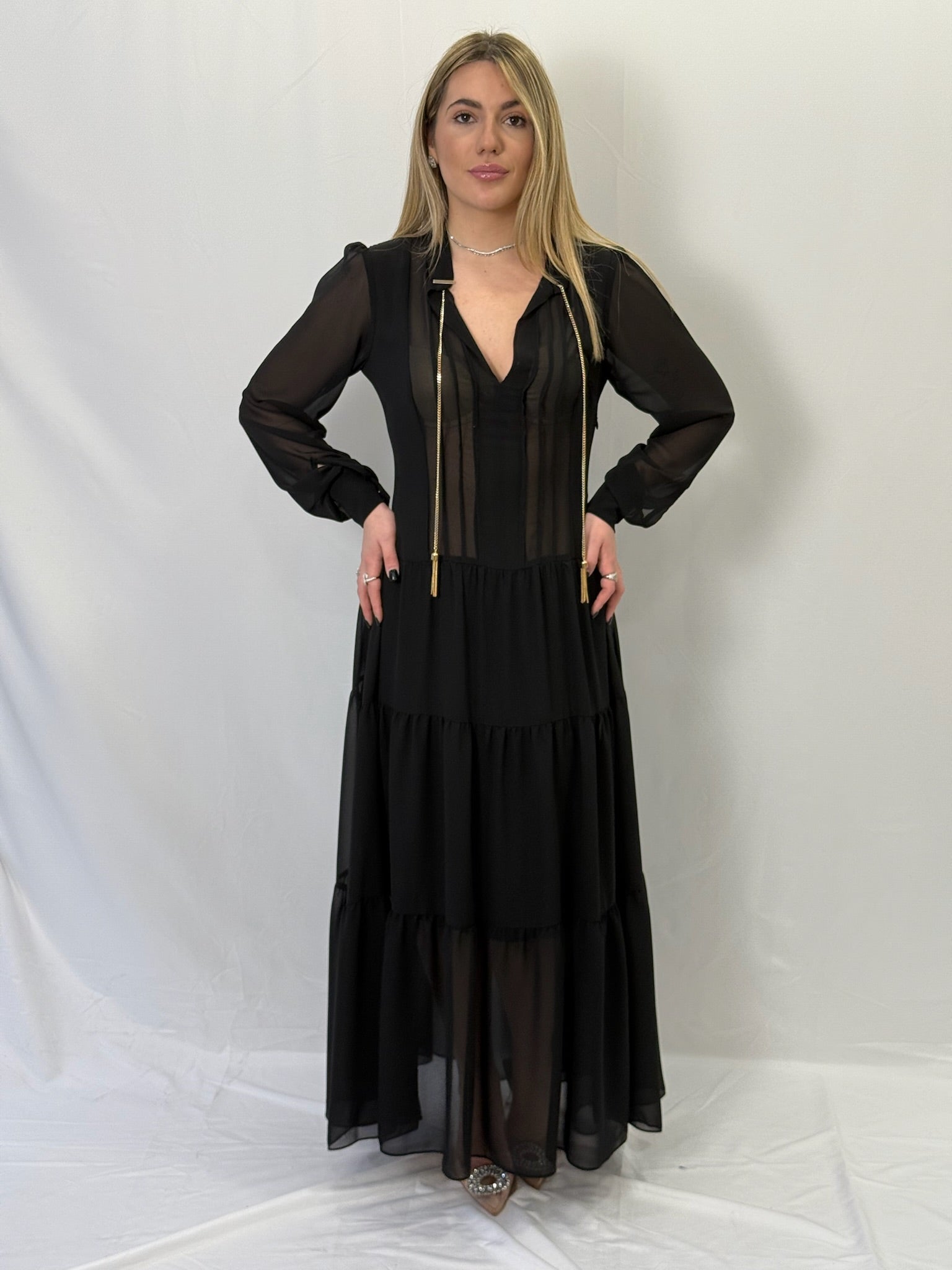 Maxi Abito in Crepe Georgette Nero - Rinascimento